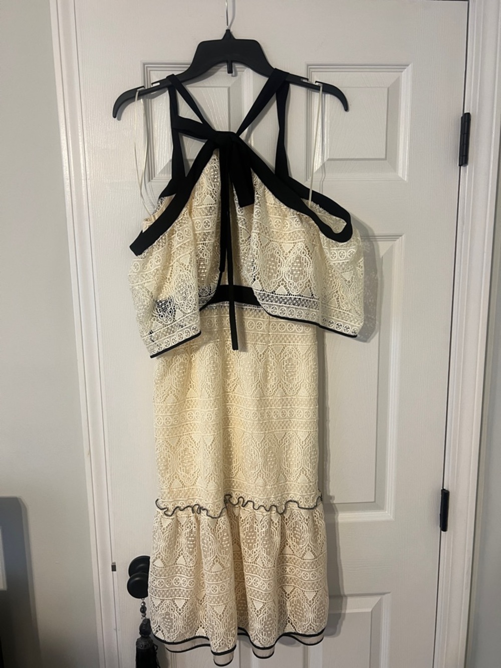 Adelyn Rae Cream Lace Midi Dress with Black Trim